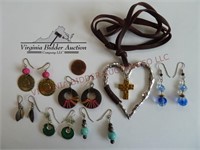 Heart Cross Necklace & 6 Pair Dangle Earrings