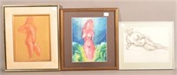 Three Oil and Watercolor Nudes