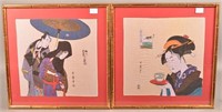 Two Japanese Woodcut Prints on Silk Material