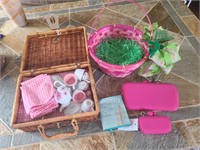 Misc Lot Basket, Tea Set, Wallet, Book