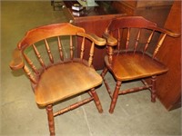 PAIR SOLID WOOD BARREL BACK CHAIRS