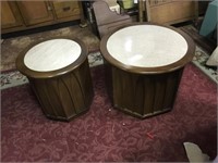 2 Mid-Mod Marble Top Round Drum Tables