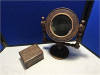 Carved Wooden Music Box & Small Shaving Mirror