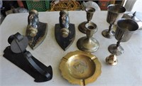 Silver Plate Candlesticks, Brass Ashtray, Etc