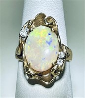 14k Yellow Gold Fire Opal and Diamond Ring