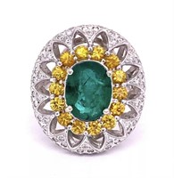14k Gold 6.08cts Emerald, Diamond & Sapphire Ring