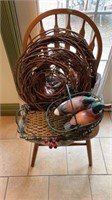 Wicker wreaths, wire baskets and mallard ducks