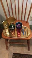 Vintage metal pitcher and 10 metal glasses