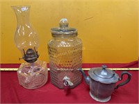 Roudup, Oil Lamp, Pewter Teapot & Dispenser