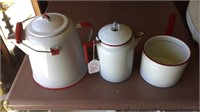 3 RED & WHITE ENAMELWARE PIECES / COFFEE POT /