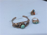 Turquoise bracelet and rings marked 925