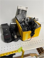 Box lot of vintage camera lighting, etc
