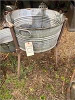 Vintage Galvanized Metal Washtub on Stand-Round