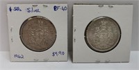 2 CANADA FIFTY CENTS SILVER COINS - 1962 & 1965