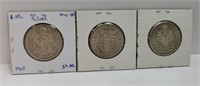 3 CANADA FIFTY CENTS SILVER COINS 1963,1964 & 1965
