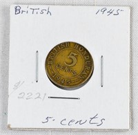 1945 BRITISH HONDURAS 5 CENTS COIN