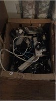 Box lot of assorted cables,  vintage hair dryer ,