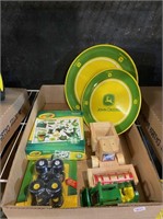John Deere plates, crayons, toys