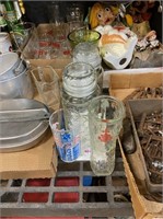 2 planters jars, green vase, glasses