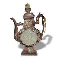 Chinese Silver Ewer Inset with Qing Dynasty Jades