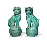 Pair of Chinese Turquoise-Glazed Lions, 19th C#