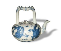 Chinese Celadon & Blue Teapot w/ Dragons, 19th C#