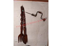 Large Wood Fork & Spoon, Hand Drill