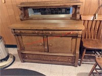 Solid Wood Antique Buffet w/ Mirrored Back