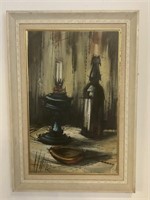 Mid Century Framed Art of Wine Bottle and Lamp