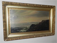 1900s Oil on Canvas Seascape with Gold Frame