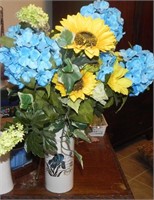 Sunflowers and Blue Flowers in White Floral Vase