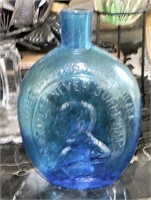 Large Blue G. Washington Glass Flask
