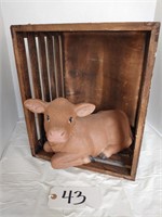 Wood Slatted Crate with Ceramic Calf figure