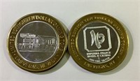 2 $10 Silver & brass Casino Gaming Tokens