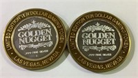 2 Golden nugget $10 Silver brass gaming tokens