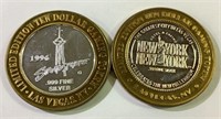 2 Las Vegas $10 Silver & Brass gaming tokens