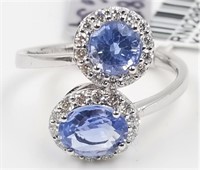 18K white gold opposing sapphires & diamond ring,