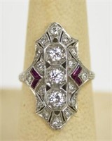 Platinum Art Deco Diamond and Ruby Ring