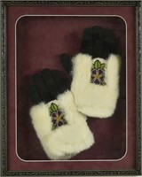 Framed Pair of Beaded & Fur Inuit Gloves