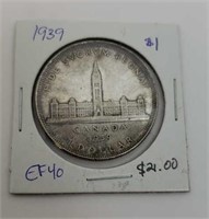 CANADA 1 DOLLAR 1939 SILVER COIN EF-40