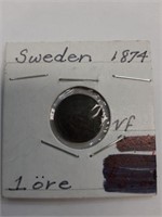 1874 SWEDEN 1 ORE  BRONZE VERY FINE
