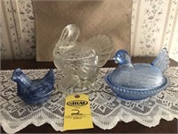 2 Hen on Nest & Turkey Candy Dish & White Cloth