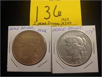 2 Peace Silver Dollars 1922, 1934d