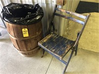 Wood Barrell used as Trash Can and Vintage Chair