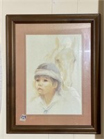 Framed Water Color  of Boy and Horse