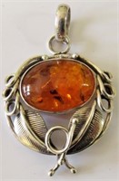 Baltic Amber And Sterling Pendant 1.75" High.