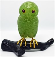 MINIATURE JADEITE OWL & BRANCH SCULPTURE