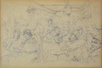 FRENCH SCHOOL BISTRO DRAWING SIGNED