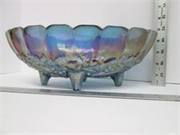 Large Blue Carnival Glass Fruit Bowl, Footed
