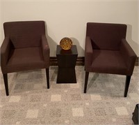 2 BROWN CHAIRS, TABLE AND ART